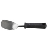The PerfectGrip Ice Cream Spade features a wide, slightly curved stainless steel blade and a thick black plastic handle with a textured grip. NSF certified, the scoop lies horizontally on a white background, with a hole at the end for hanging.