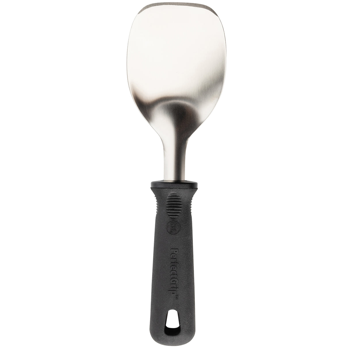 A metal spatula with a wide, slightly curved stainless steel blade and a black, ergonomic PerfectGrip handle featuring a hanging hole. The handle has a textured grip with “Pampered Chef” embossed on it. NSF certified for professional kitchens.