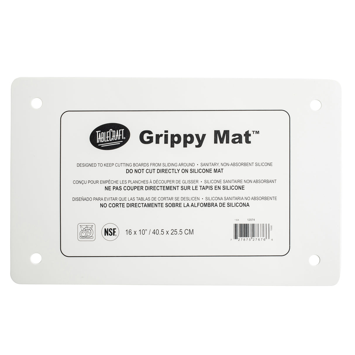 A white rectangular Grippy Mat Cutting Board by TableCraft, this anti-slip cutting mat features printed instructions in English, French, and Spanish, four reinforced corner holes, and measures 16 x 10" (40.5 x 25.5 cm).