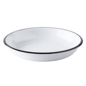 A shallow, round white Canteen Collection Bowl by TableCraft Products features a gently sloped rim and thin black edge. This melamine bowl is empty and set against a plain white background, giving it a clean and classic appearance.
