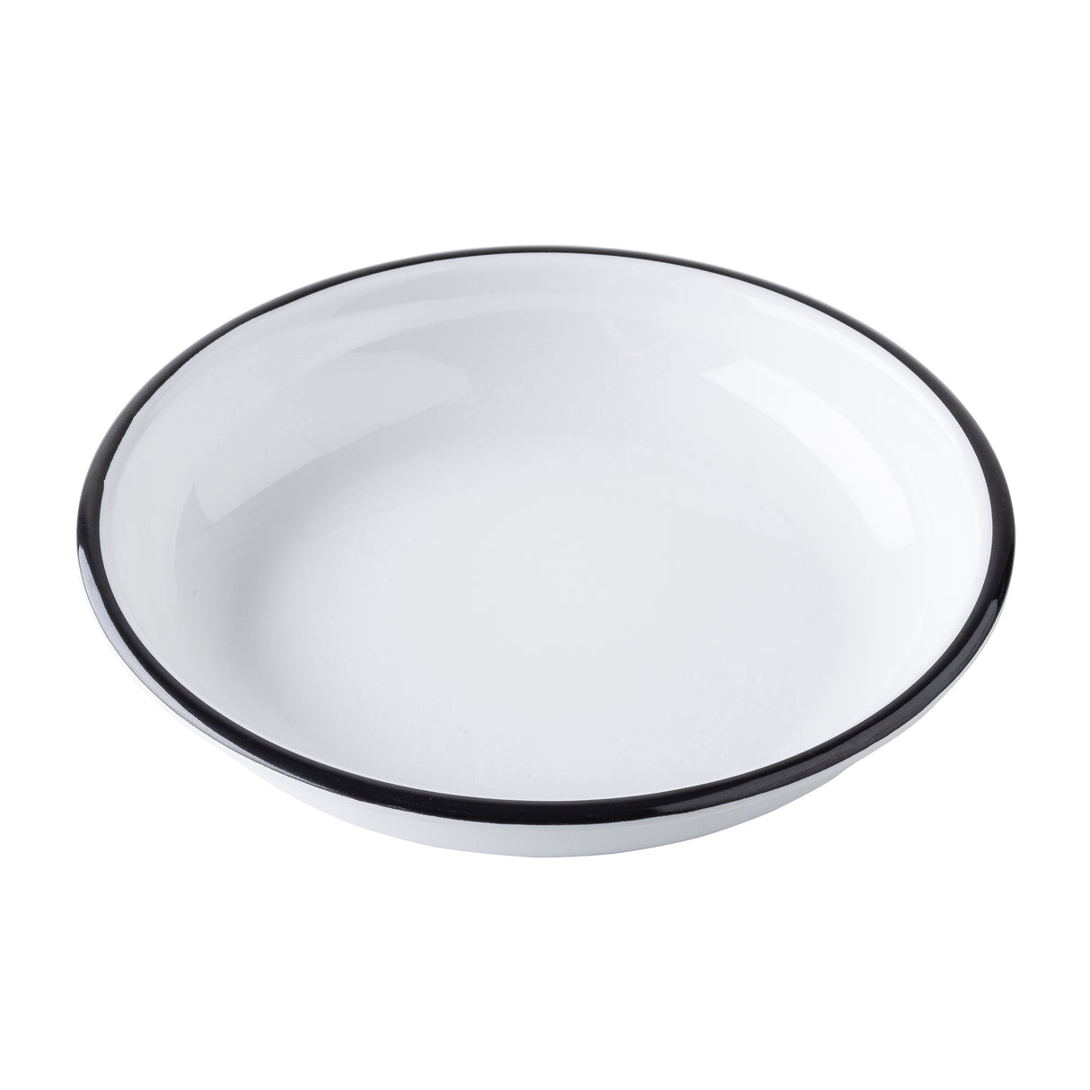 A white, shallow round plate with a glossy finish and a thin black rim, from the TableCraft Products Canteen Collection Bowl line, photographed on a plain white background. The plate is empty and its clean, simple design is clearly visible.