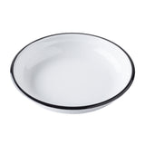 A white, shallow round plate with a glossy finish and a thin black rim, from the TableCraft Products Canteen Collection Bowl line, photographed on a plain white background. The plate is empty and its clean, simple design is clearly visible.