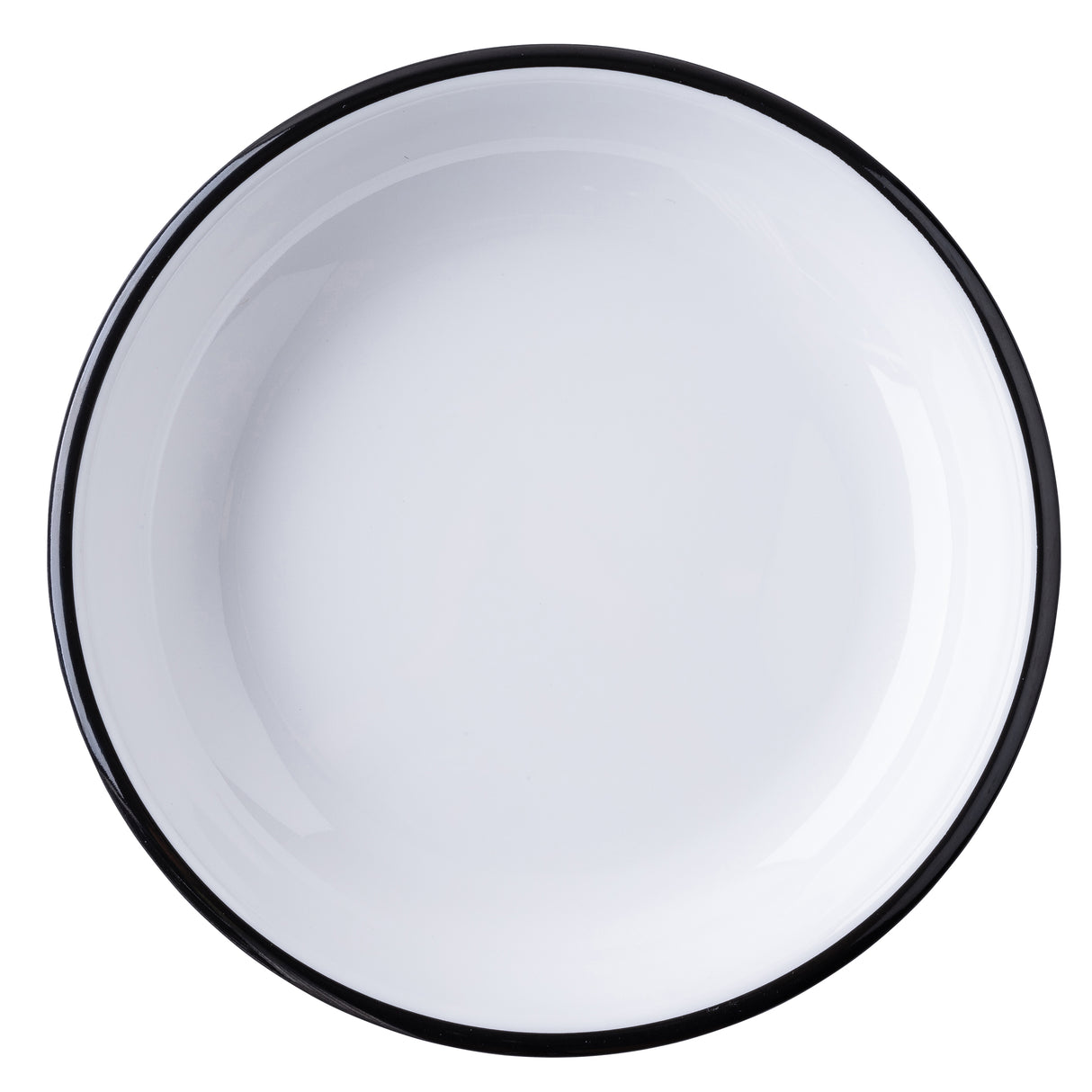 A round, white melamine bowl from the Canteen Collection, featuring a thin black rim and glossy finish, is viewed from above against a white background. This TableCraft Products design showcases a simple, minimalist style.