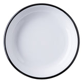 A round, white melamine bowl from the Canteen Collection, featuring a thin black rim and glossy finish, is viewed from above against a white background. This TableCraft Products design showcases a simple, minimalist style.