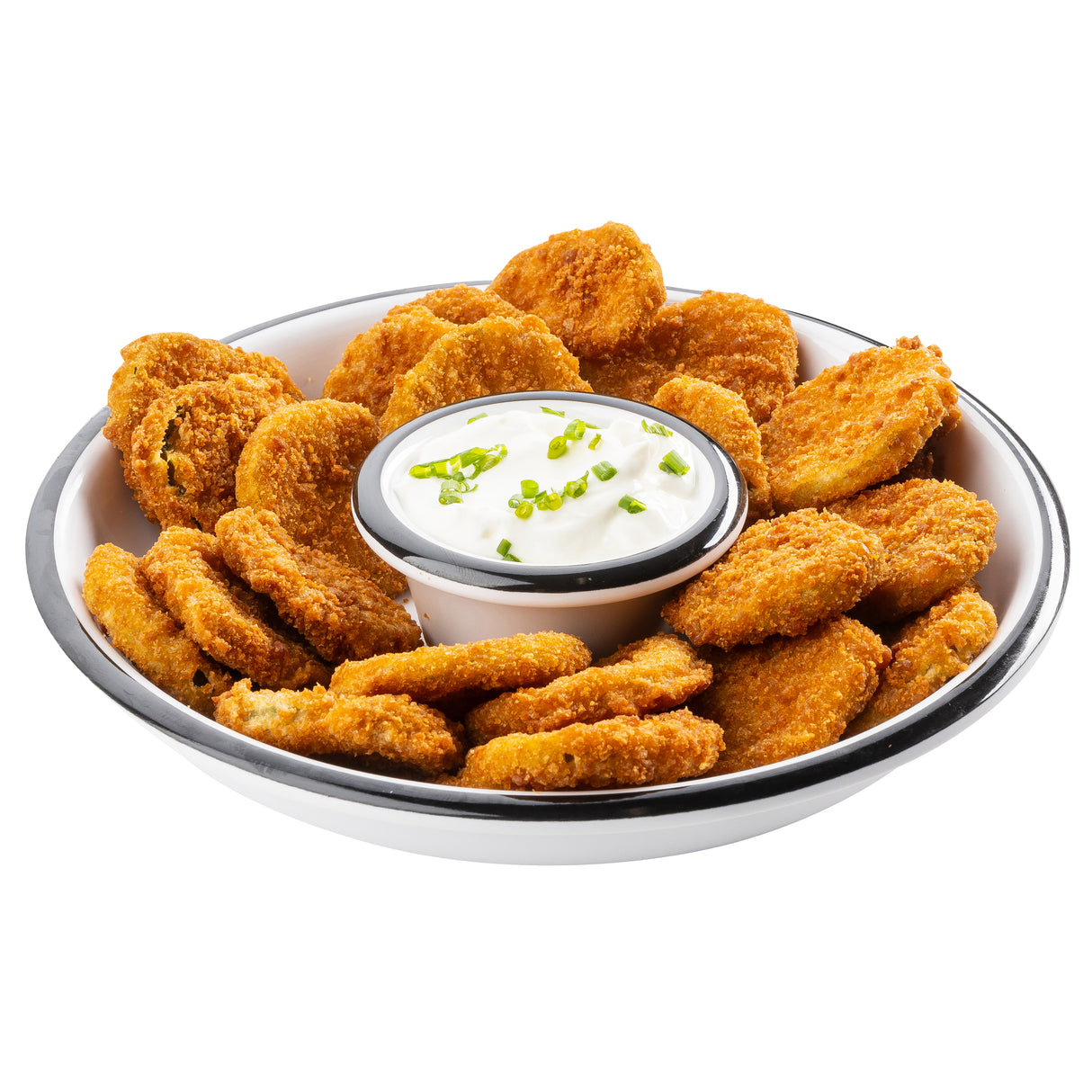 A white Canteen Collection Bowl filled with golden-brown, breaded fried pickles surrounds a small cup of creamy white dipping sauce, garnished with chopped green chives, all set against a white background.
