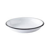 A white enamel TableCraft coupe bowl with a glossy finish, featuring a thin black rim. The melamine bowl is photographed on a plain white background, showcasing its simple, classic design.