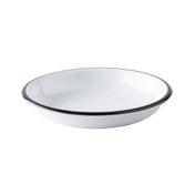 A white enamel TableCraft coupe bowl with a glossy finish, featuring a thin black rim. The melamine bowl is photographed on a plain white background, showcasing its simple, classic design.