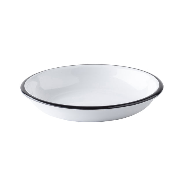 A white enamel TableCraft coupe bowl with a glossy finish, featuring a thin black rim. The melamine bowl is photographed on a plain white background, showcasing its simple, classic design.