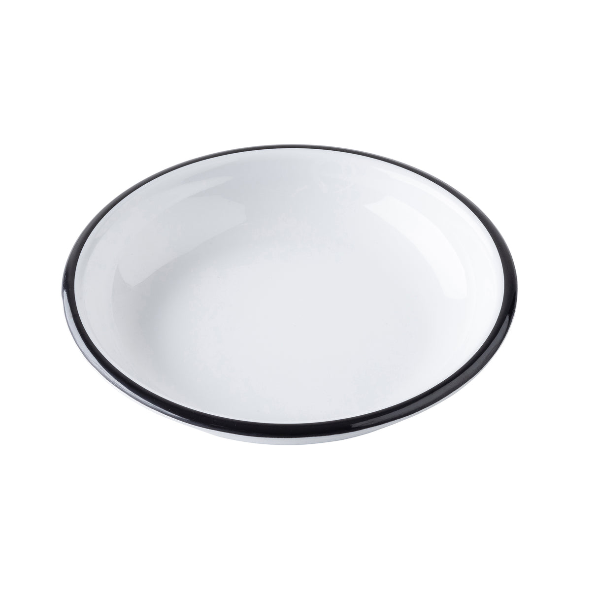 A simple, round, white melamine bowl with a slightly raised rim and a thin black border around the edge, set against a plain white background. The TableCraft-inspired coupe bowl is empty and clean, reflecting some light on its surface.