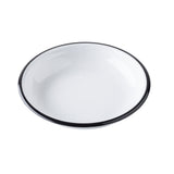 A simple, round, white melamine bowl with a slightly raised rim and a thin black border around the edge, set against a plain white background. The TableCraft-inspired coupe bowl is empty and clean, reflecting some light on its surface.