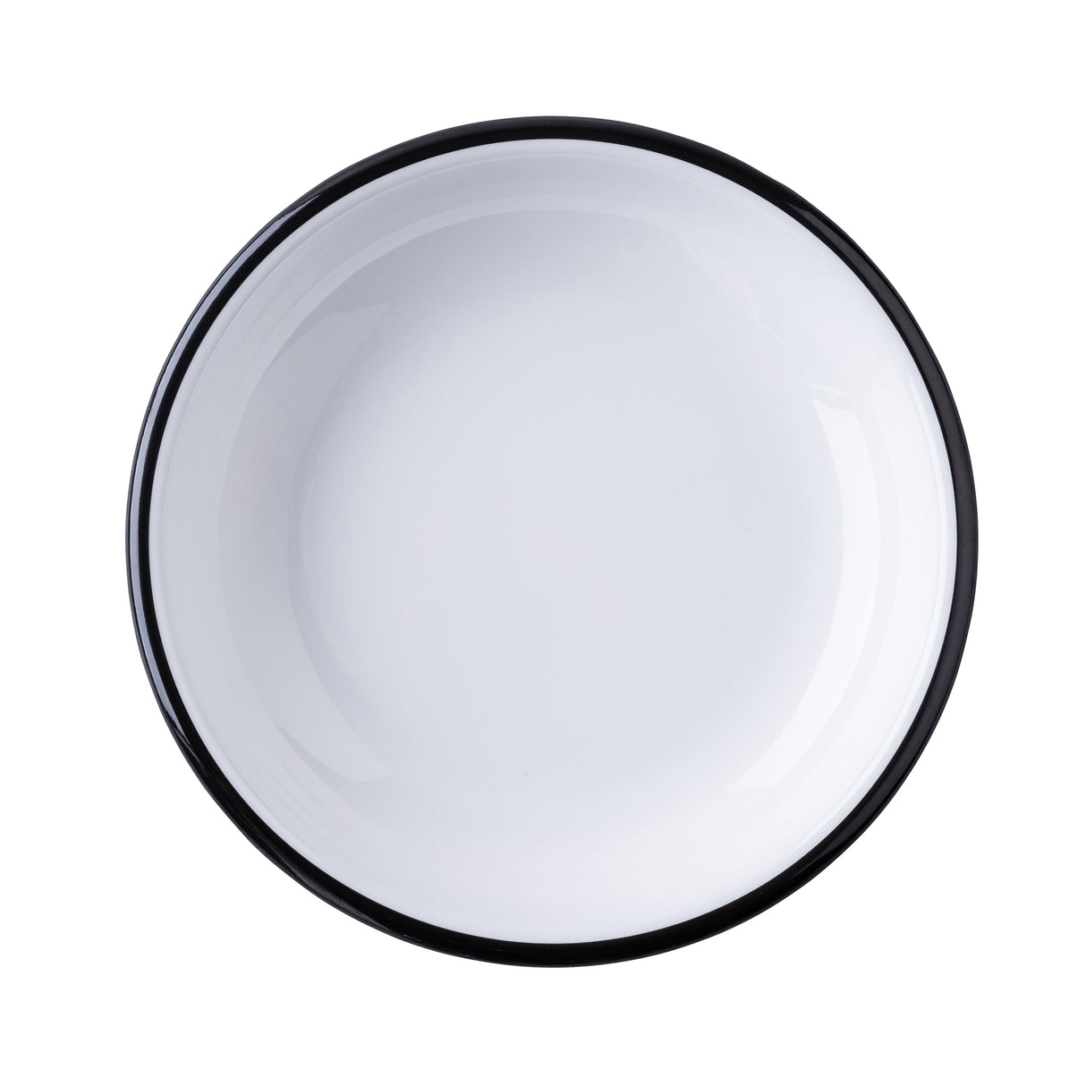 A plain, empty white ceramic plate with a thin black rim, viewed from above on a white background. The round plate features a glossy finish with subtle reflections, resembling the elegant style of TableCraft coupe bowls.