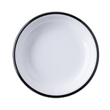 A plain, empty white ceramic plate with a thin black rim, viewed from above on a white background. The round plate features a glossy finish with subtle reflections, resembling the elegant style of TableCraft coupe bowls.