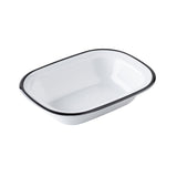 A rectangular white enamel serving pan with rounded corners and a black rim, shown empty against a plain white background. Part of the Canteen Collection, this dish features slightly sloped sides and a glossy surface.