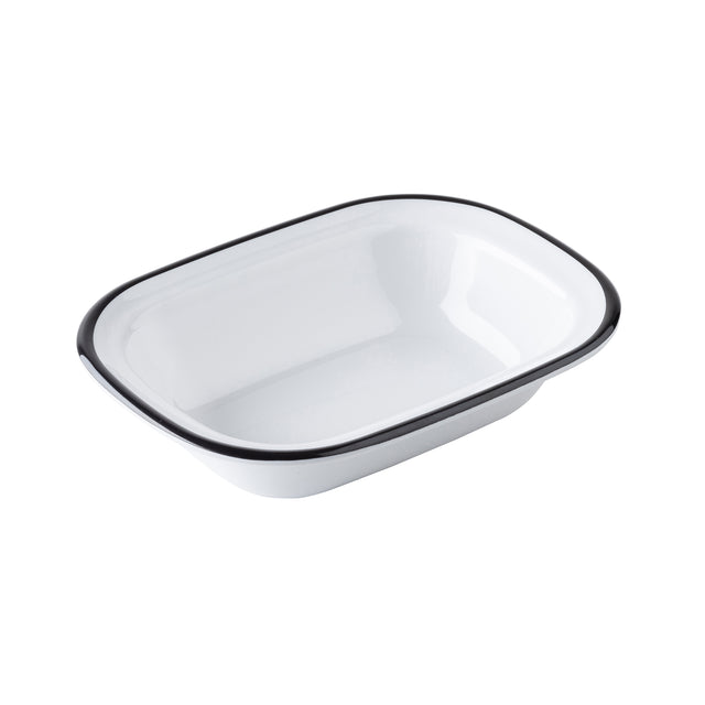 A rectangular white enamel serving pan with rounded corners and a black rim, shown empty against a plain white background. Part of the Canteen Collection, this dish features slightly sloped sides and a glossy surface.