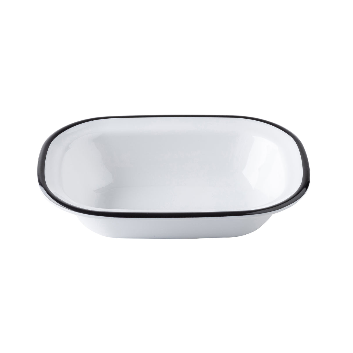 A rectangular white enamel serving pan with rounded corners and a slightly raised rim outlined in black. Part of our Canteen Collection, the dish has smooth edges, a glossy finish, and is empty against a plain white background.