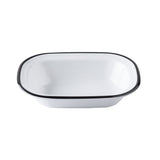 A rectangular white enamel serving pan with rounded corners and a slightly raised rim outlined in black. Part of our Canteen Collection, the dish has smooth edges, a glossy finish, and is empty against a plain white background.