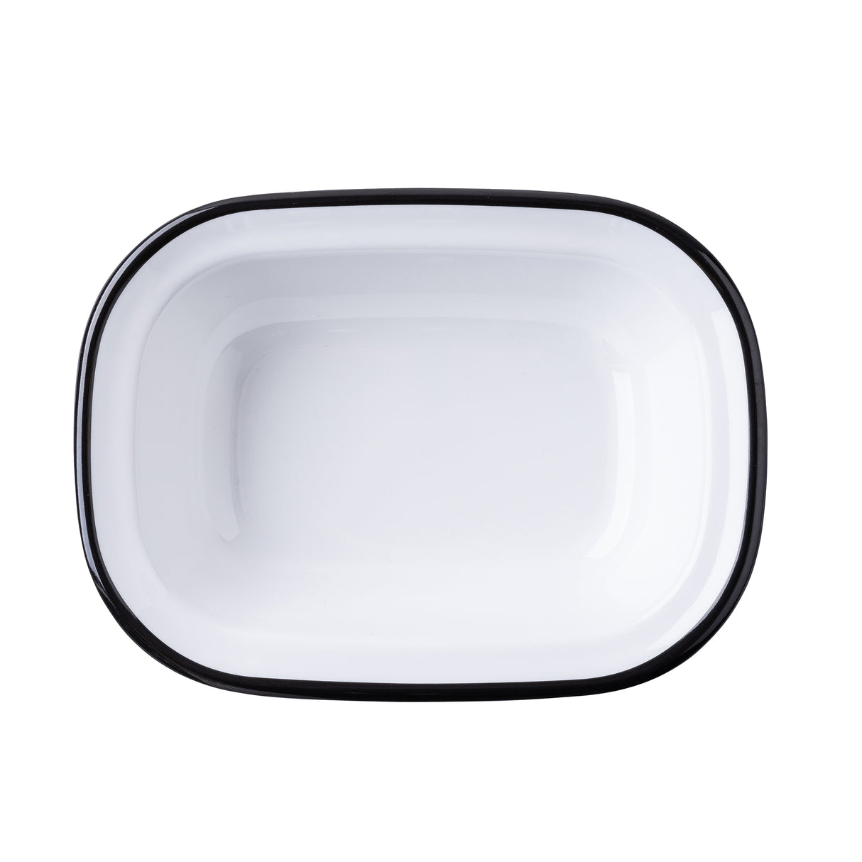 A rectangular, white melamine serving pan from the Canteen Collection with rounded corners and a thin black rim, viewed from above on a plain white background. The dish has a simple, glossy surface and is empty.
