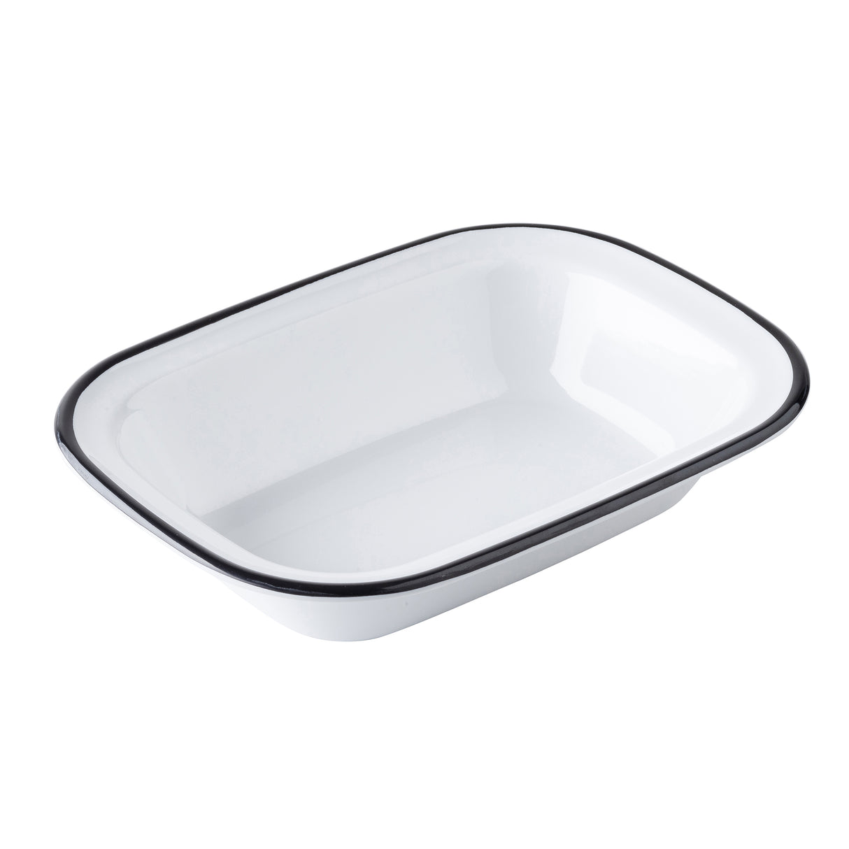 Rectangular white enamel tray with gently rounded corners and a slightly raised rim. Inspired by the Canteen Collection Serving Pan, its thin, dark border adds a vintage touch—perfect as a melamine serving pan for TableCraft Products enthusiasts.