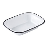 Rectangular white enamel tray with gently rounded corners and a slightly raised rim. Inspired by the Canteen Collection Serving Pan, its thin, dark border adds a vintage touch—perfect as a melamine serving pan for TableCraft Products enthusiasts.