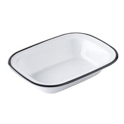 Rectangular white enamel tray with gently rounded corners and a slightly raised rim. Inspired by the Canteen Collection Serving Pan, its thin, dark border adds a vintage touch—perfect as a melamine serving pan for TableCraft Products enthusiasts.