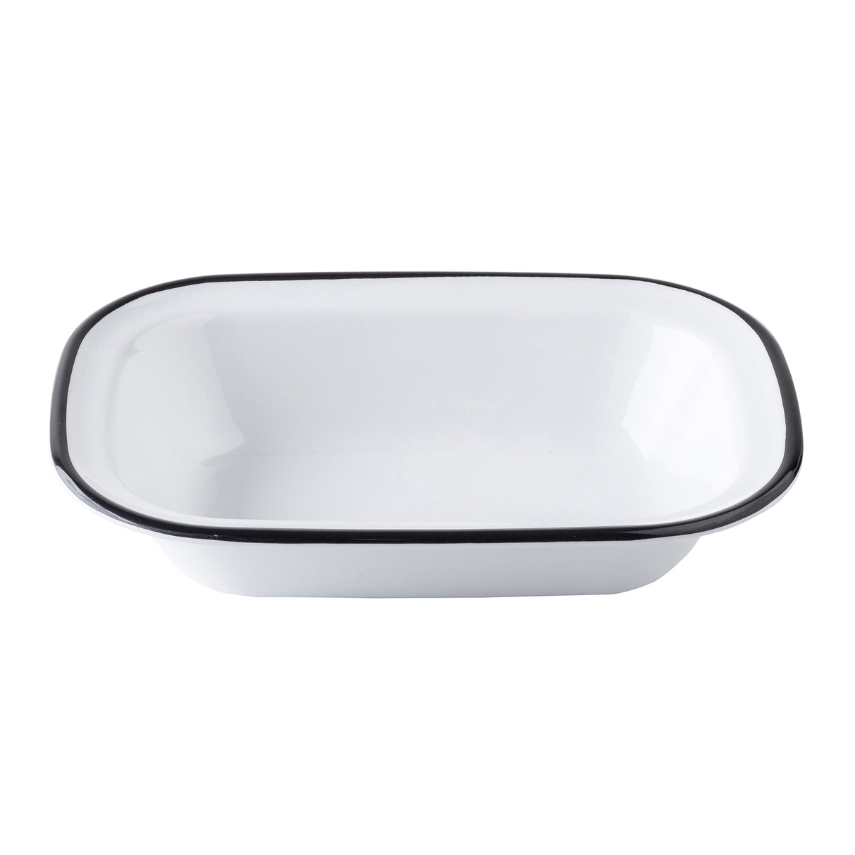 A white rectangular enamel Canteen Collection Serving Pan by TableCraft Products, featuring rounded corners, a black rim, and shallow sides. Its smooth, glossy finish lends this melamine serving pan a clean and classic look against a plain white background.