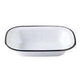 A white rectangular enamel Canteen Collection Serving Pan by TableCraft Products, featuring rounded corners, a black rim, and shallow sides. Its smooth, glossy finish lends this melamine serving pan a clean and classic look against a plain white background.
