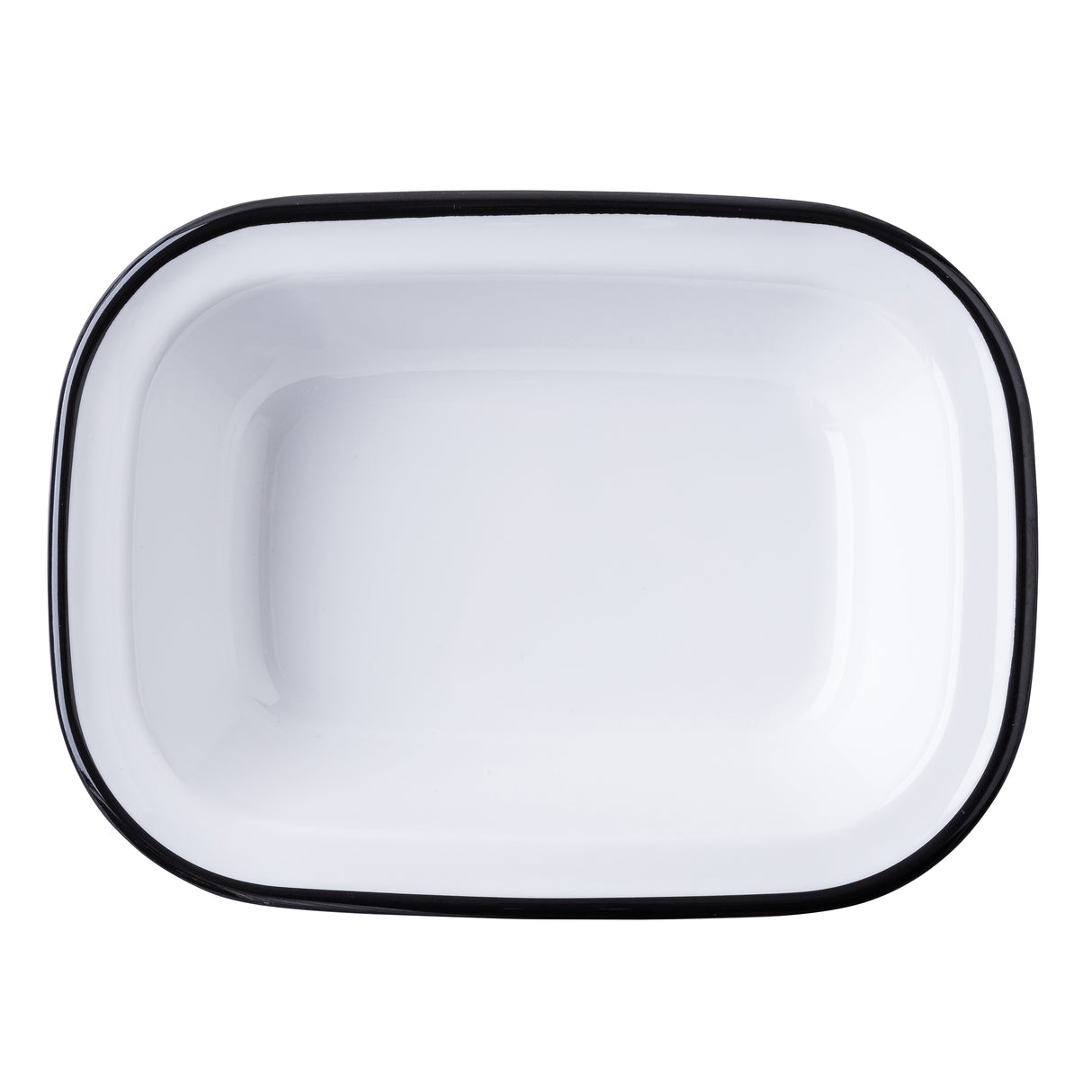 A rectangular, white enamel dish with rounded corners and a black rim, this Canteen Collection Serving Pan by TableCraft Products features a simple, classic design. Viewed from above on a white background, the dish is empty and timeless.