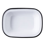 A rectangular, white enamel dish with rounded corners and a black rim, this Canteen Collection Serving Pan by TableCraft Products features a simple, classic design. Viewed from above on a white background, the dish is empty and timeless.
