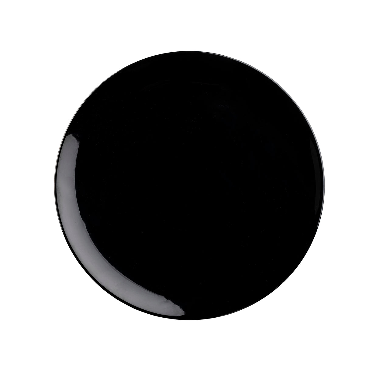 A round, glossy black ceramic plate is shown against a white background. Reminiscent of the Sierra Collection Serving Platter, its smooth surface reflects light with subtle highlights and remains plain, with no visible patterns or decorations.
