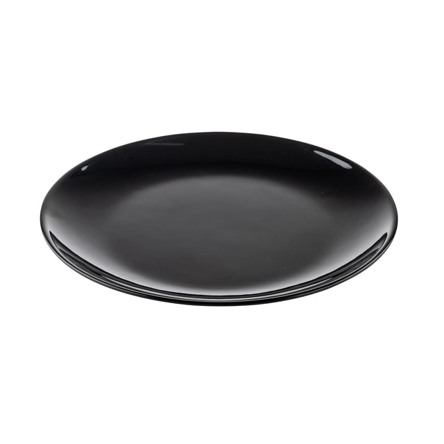 A round, shiny, black melamine serving platter sits on a white background. The platter is empty and has smooth edges, with a slight reflection visible on its glossy surface.