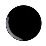 A plain, round, glossy black melamine plate viewed from above. The surface is smooth with a reflective sheen, and the plate is set against a white background. There are no visible patterns, decorations, or food on the serving platter.