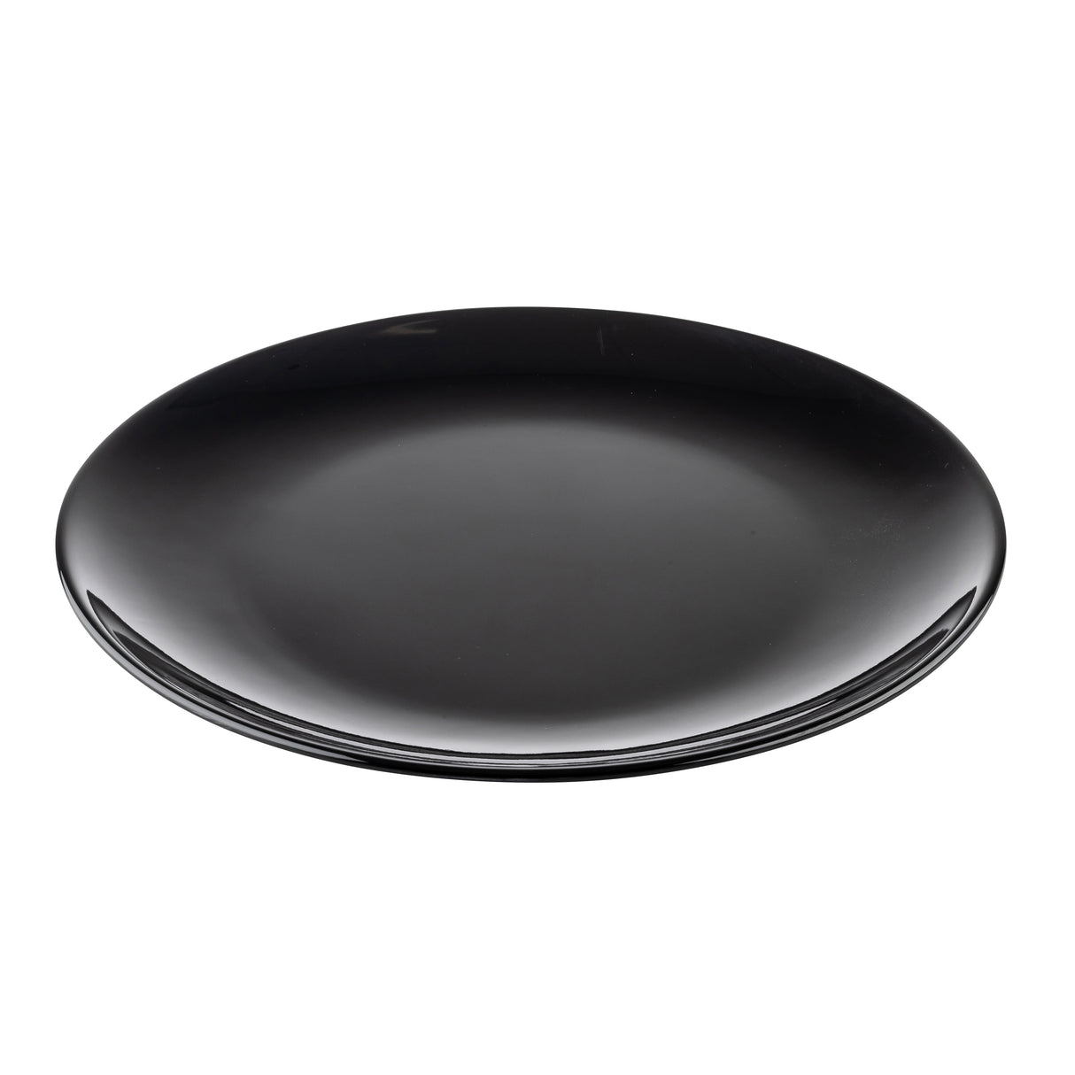 A simple, round, glossy black melamine plate from the Sierra Collection is shown on a white background. The plate has smooth edges and a shallow depth, reflecting light on its surface and highlighting its minimalist design.