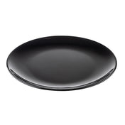 A simple, round, glossy black melamine plate from the Sierra Collection is shown on a white background. The plate has smooth edges and a shallow depth, reflecting light on its surface and highlighting its minimalist design.