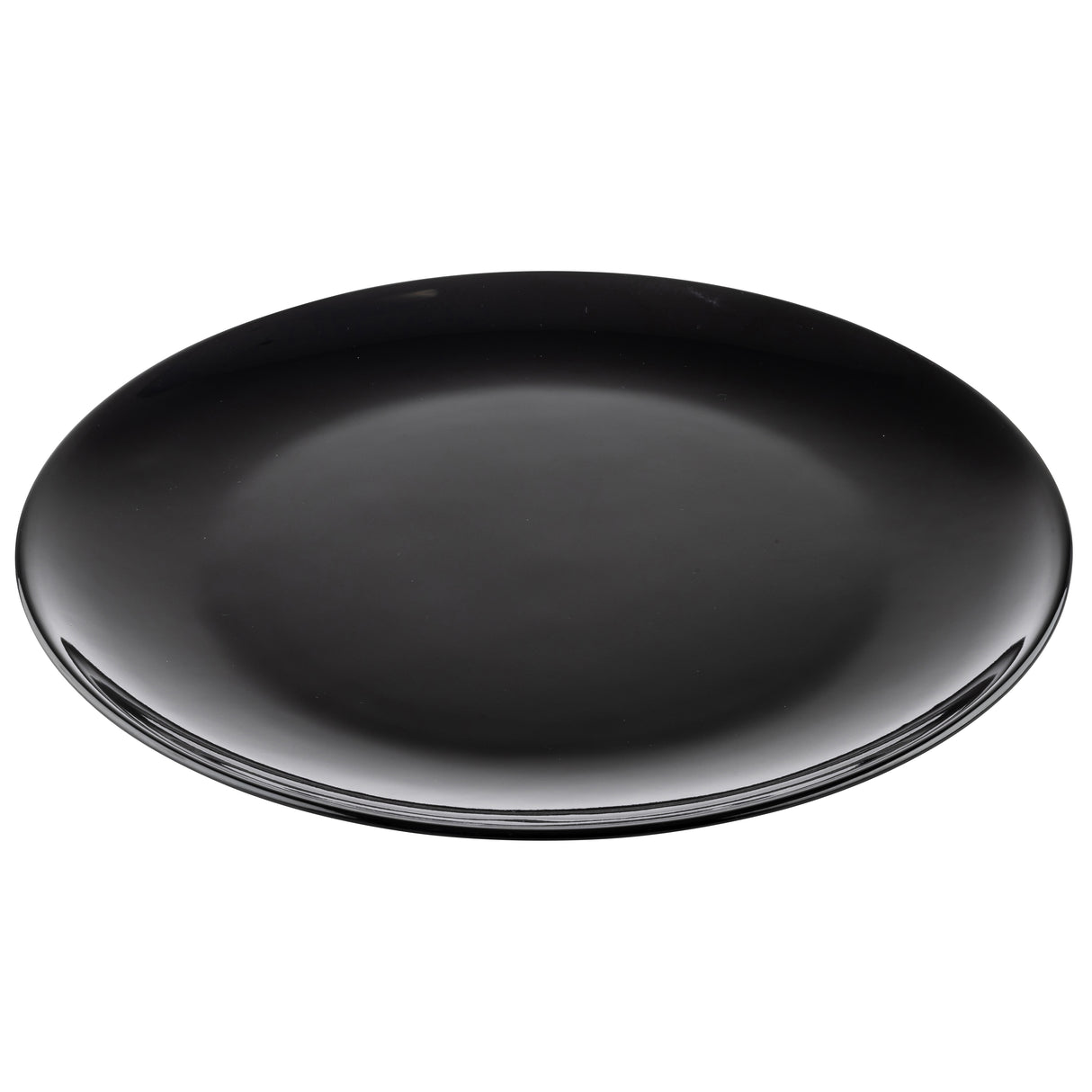 A plain, round, glossy black melamine serving platter from the Sierra Collection is shown on a white background. The platter has a subtle reflective surface and clean, smooth edges with no visible patterns or decorations.