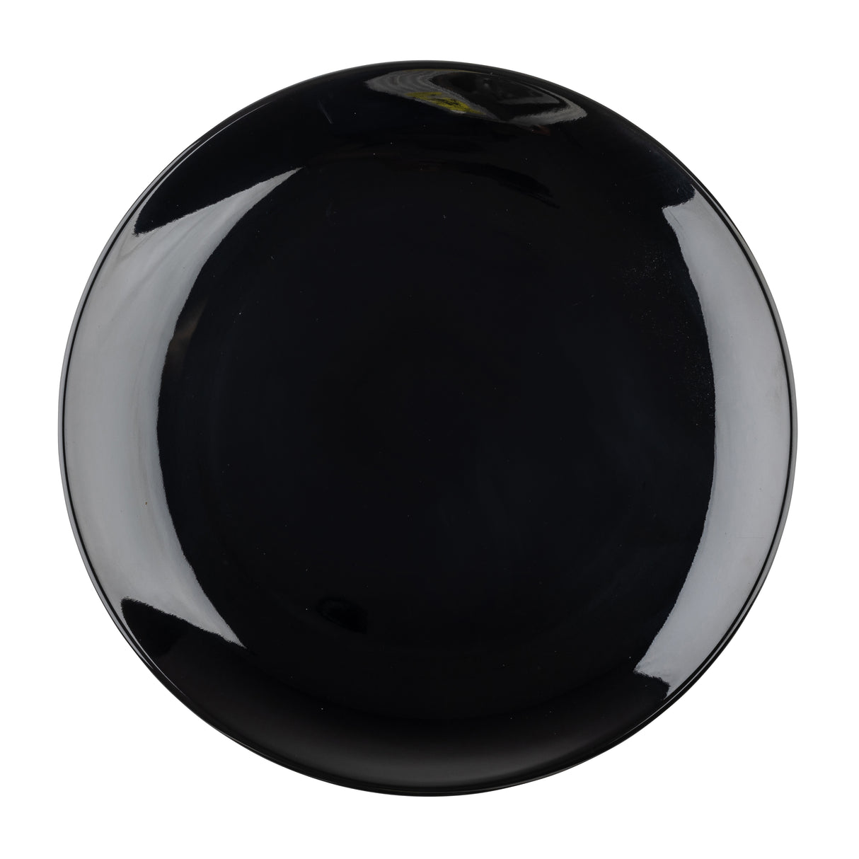 A round, glossy black round platter is shown from above on a white background. The surface reflects light, creating shiny highlights along the rim and top edge, while the center remains a deep, solid black. The plate appears empty.