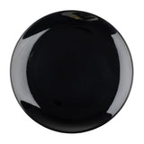 A round, glossy black round platter is shown from above on a white background. The surface reflects light, creating shiny highlights along the rim and top edge, while the center remains a deep, solid black. The plate appears empty.