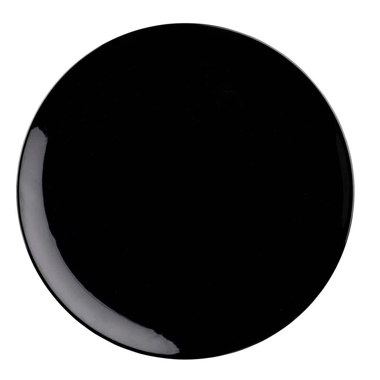 A round, glossy black melamine serving platter is shown against a white background. The plate is empty, with a reflective surface that captures light along the left edge. Its design is simple and modern, with no visible patterns or textures.