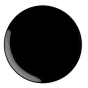 A round, glossy black melamine serving platter is shown against a white background. The plate is empty, with a reflective surface that captures light along the left edge. Its design is simple and modern, with no visible patterns or textures.