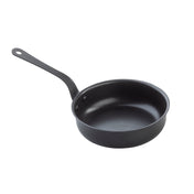 A black TableCraft Products non-stick fry pan with a long handle and rounded edges is shown on a white background. The Mini Serving Fry Pan features a hole in the handle for hanging, and its interior looks smooth and clean.