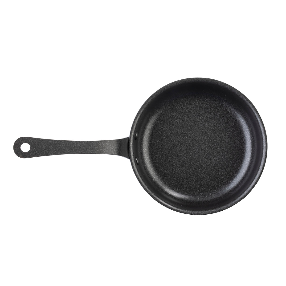 A black non-stick fry pan with a smooth surface and a long handle featuring a hole at the end. This Mini Serving Fry Pan by TableCraft Products is empty and photographed from above on a white background.