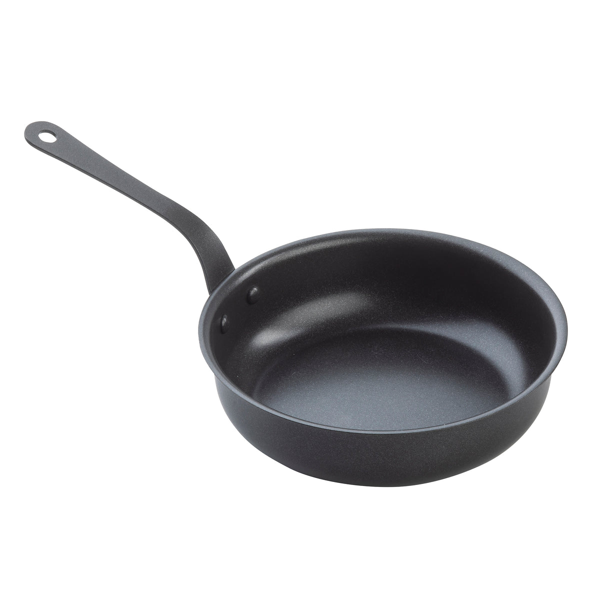 A black TableCraft Mini Serving Fry Pan with a non-stick coating, long handle, gently sloping sides, and a smooth interior. Features a small hole at the end of the handle for easy hanging, set against a white background.