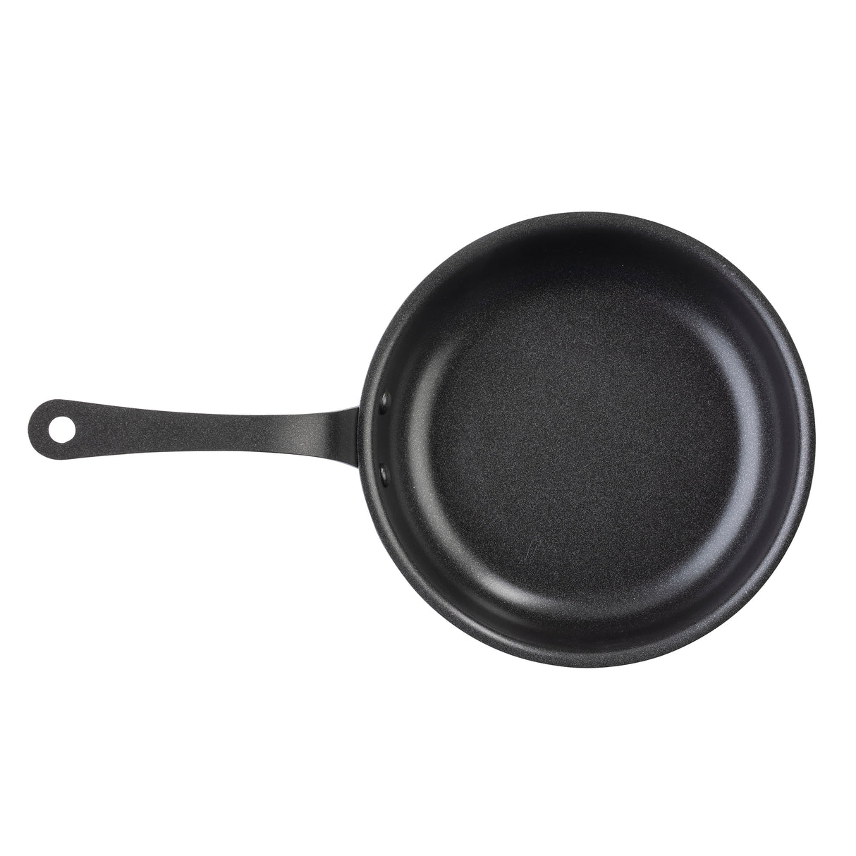 A black Mini Serving Fry Pan by TableCraft with a non-stick coating and a long handle featuring a hole at the end, viewed from above on a white background. The smooth interior surface appears clean, with no food or utensils present.