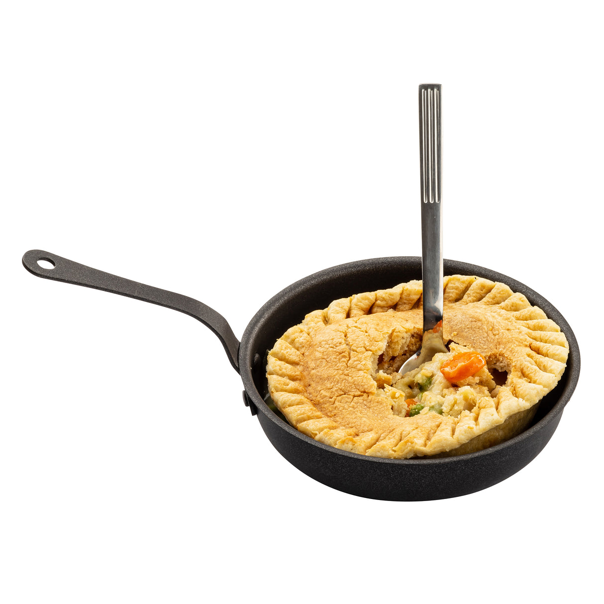 A Mini Serving Fry Pan by TableCraft holds a round pot pie with a golden-brown crust. A fork stands upright in the middle, exposing the filling of carrots and peas. The background is plain white.