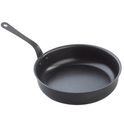 A black TableCraft Products non-stick fry pan with a long handle and rounded sides is shown on a white background. The smooth, slightly reflective surface and small hanging hole make it ideal for stylish kitchen use.