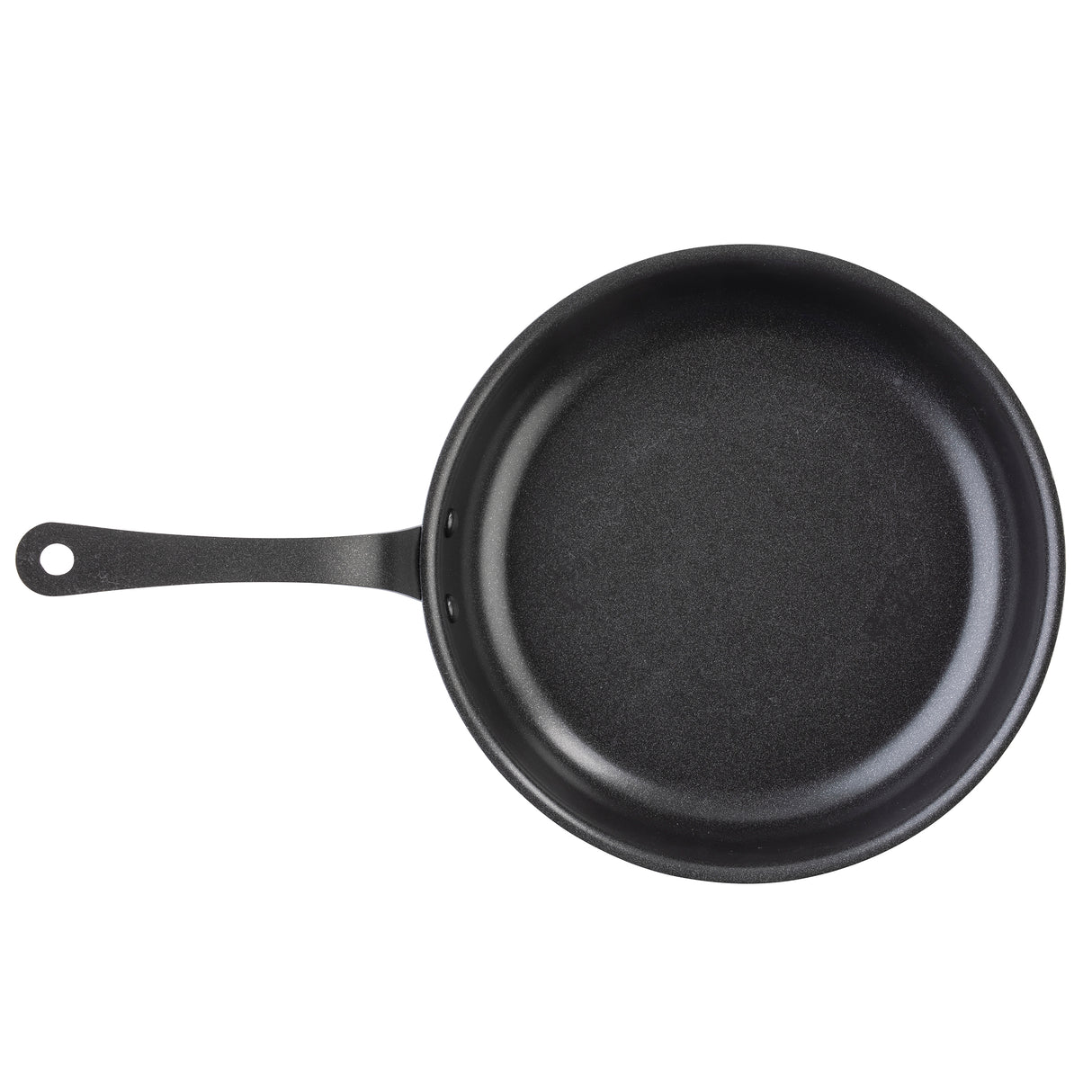 A black TableCraft Products non-stick fry pan with a smooth, round base and slightly sloped sides is shown from above. It features a long, straight handle with a hole for hanging and rests empty on a white background.