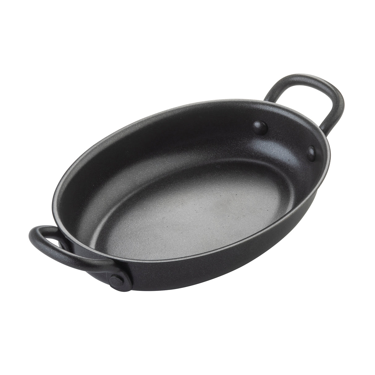 A black, oval-shaped non-stick fry pan from TableCraft Products with two sturdy handles, photographed on a white background. The smooth, deep interior is ideal for baking or roasting small portions, making it perfect as a Mini Serving Fry Pan.