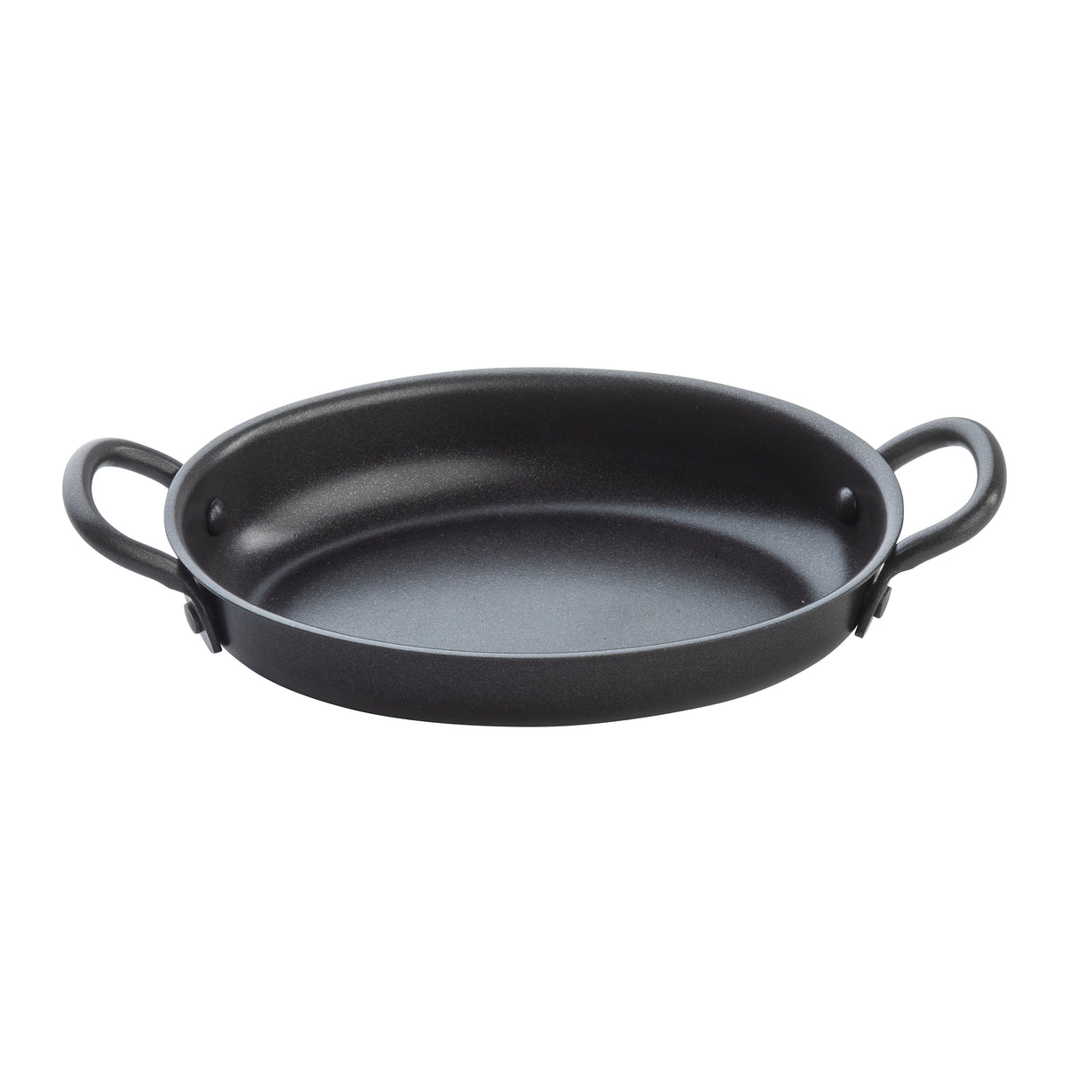 A black, shallow, round Mini Serving Fry Pan with two sturdy handles on either side. This TableCraft Products pan features a smooth, matte finish and non-stick surface, displayed empty against a plain white background.