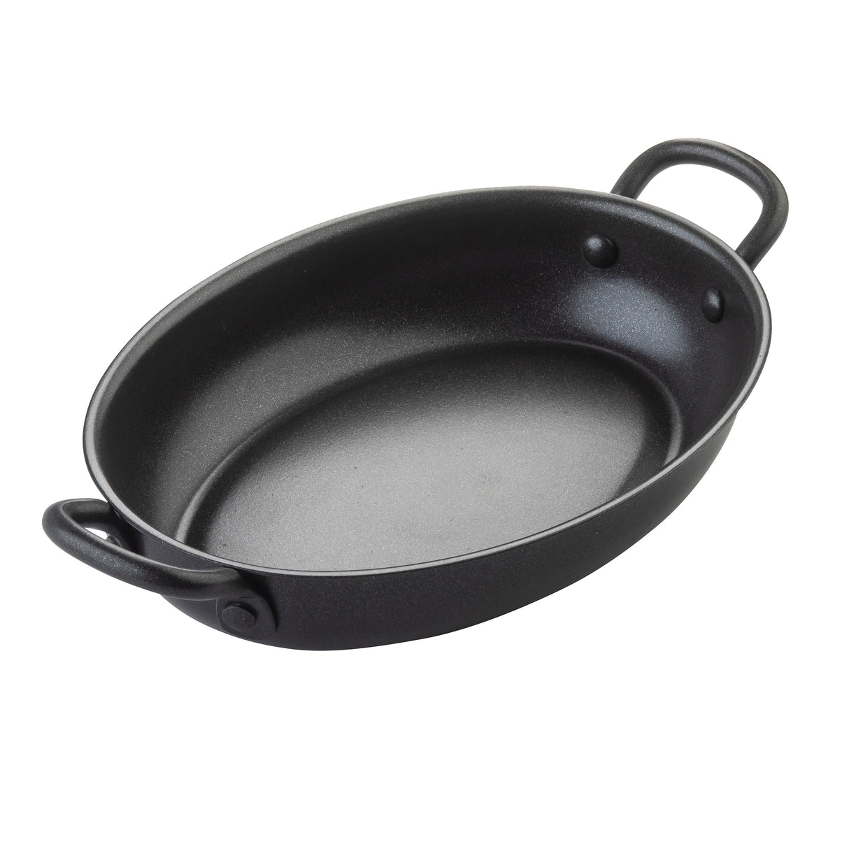 A black, oval-shaped TableCraft Mini Serving Fry Pan with two curved riveted handles and a smooth non-stick coating, perfect for baking, roasting, or serving food. Shown on a white background for a sleek presentation.