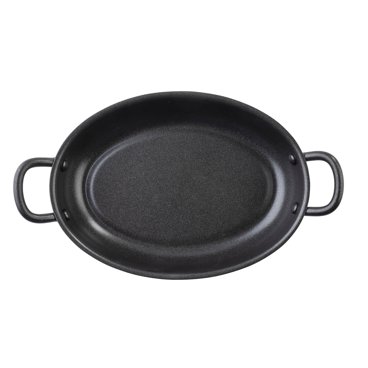 An overhead view of a black, oval-shaped roasting pan with a smooth non-stick coating and two short handles on either side. The pan is empty, set against a plain white background, showcasing the quality you expect from TableCraft.