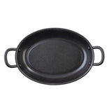 An overhead view of a black, oval-shaped roasting pan with a smooth non-stick coating and two short handles on either side. The pan is empty, set against a plain white background, showcasing the quality you expect from TableCraft.